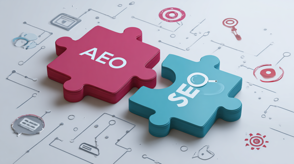 Duas peças de quebra-cabeça, uma vermelha com "AEO" e outra azul com "SEO" e uma lupa, se encaixam sobre um fundo branco com ícones de rede.