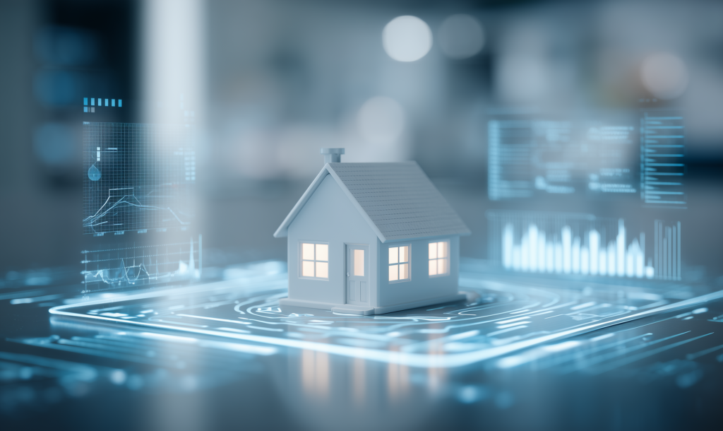 Uma casa modelo branca e iluminada repousa sobre uma superfície tecnológica brilhante, cercada por gráficos e dados holográficos azuis, simbolizando tecnologia imobiliária ou casa inteligente.