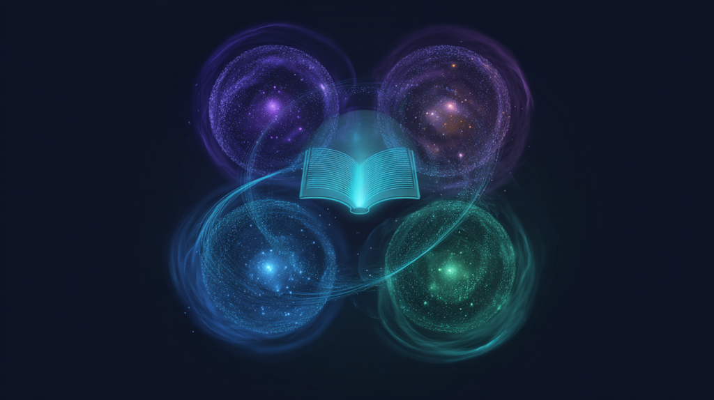 Um livro digital brilhante no centro, conectado por linhas de luz a quatro esferas cósmicas coloridas em roxo, laranja, azul e verde, sobre um fundo escuro.