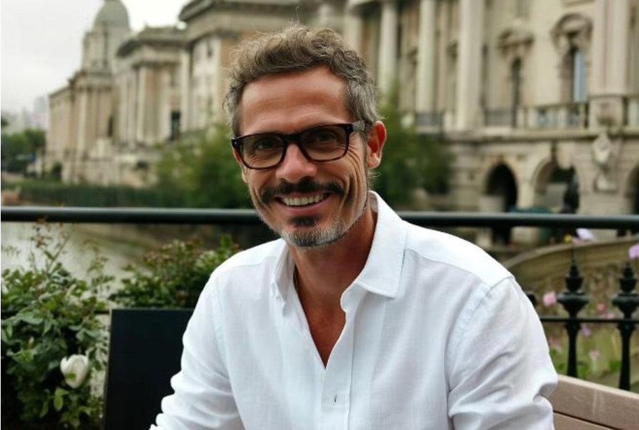 Um homem de barba e óculos sorri para a câmera em um terraço, com um grande edifício histórico de pedra e plantas verdes ao fundo.