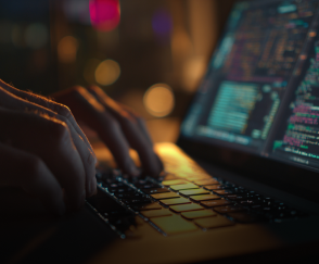 Mãos digitando rapidamente em um teclado de laptop em um ambiente escuro, com a tela exibindo linhas de código colorido e luzes desfocadas ao fundo.